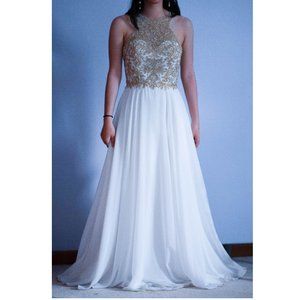 White and Gold Sequin Formal Party Prom Dress